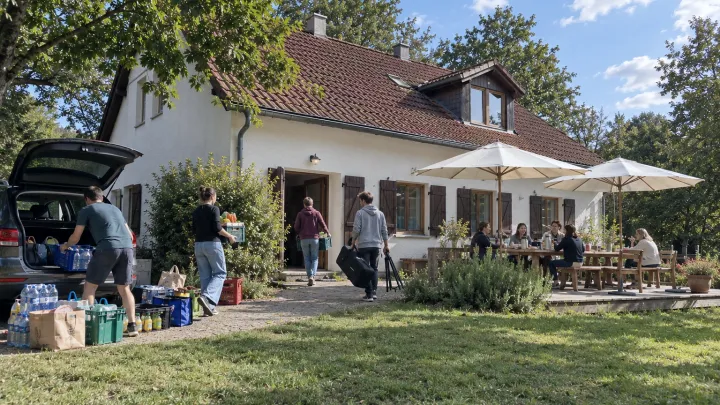 Ein weisses Haus mit rotem Ziegeldach im Grünen: Vor der Tür werden Einkäufe aus einem Auto getragen, auf der Terrasse sitzen Leute unter Sonnenschirmen.