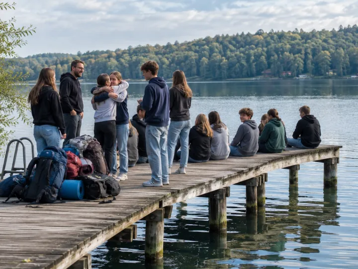 Jugendliche und Betreuer auf einem Holzsteg am See: Einige sitzen am Rand, zwei umarmen sich zum Abschied, vorn liegt ein Haufen Rucksäcke.