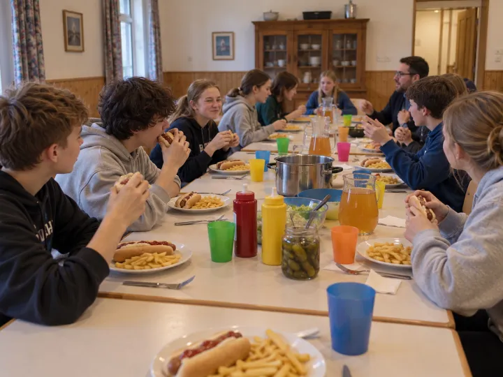 Jugendliche und Betreuer essen an einem langen Tisch im Speisesaal Hotdogs und Pommes, dazwischen bunte Becher, Saftkrüge und ein grosser Topf.