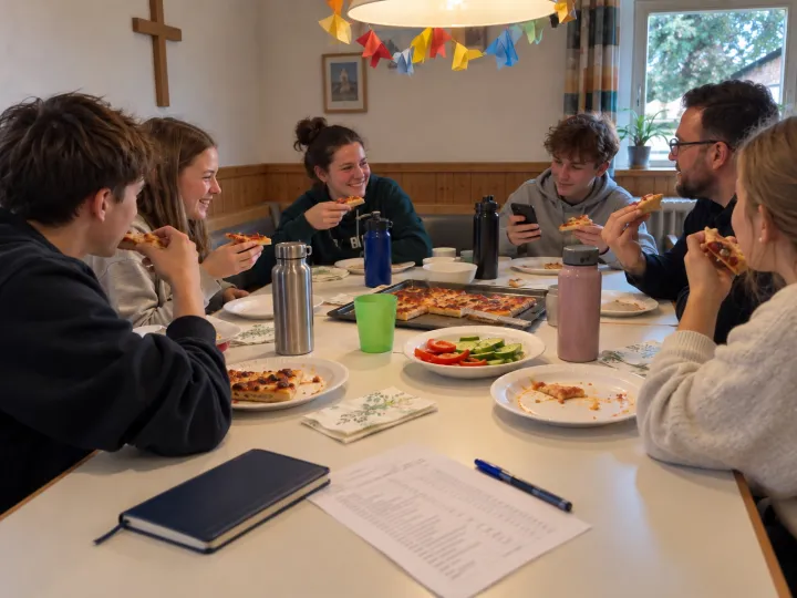 Sechs Leute essen an einem Tisch im Gemeinderaum Pizzastücke von Papptellern; vorn liegen eine ausgedruckte Liste und ein Kugelschreiber.