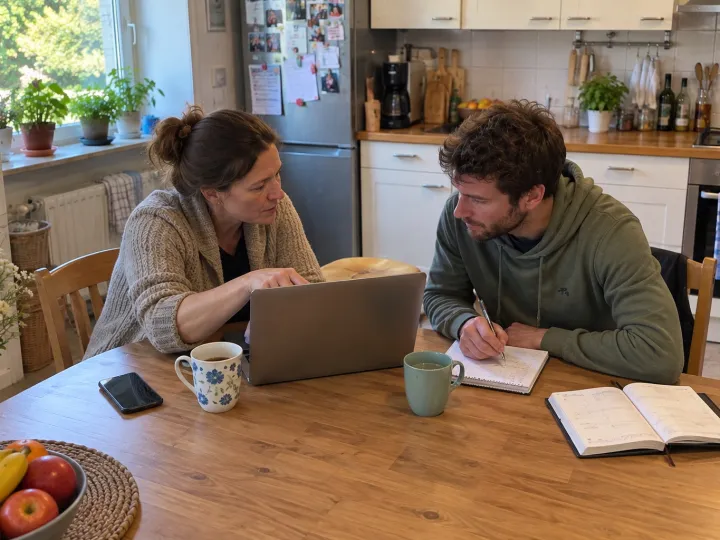 Eine Frau und ein Mann sitzen am Küchentisch vor einem Laptop; sie zeigt auf den Bildschirm, er schreibt in einen Notizblock, daneben Kaffeebecher und ein Kalender.